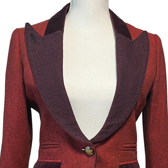 Smythe Duchess Tweed Peaked Lapel Velvet Trim Blazer Jacket Red Burgundy Size 6 - Picture 5 of 9